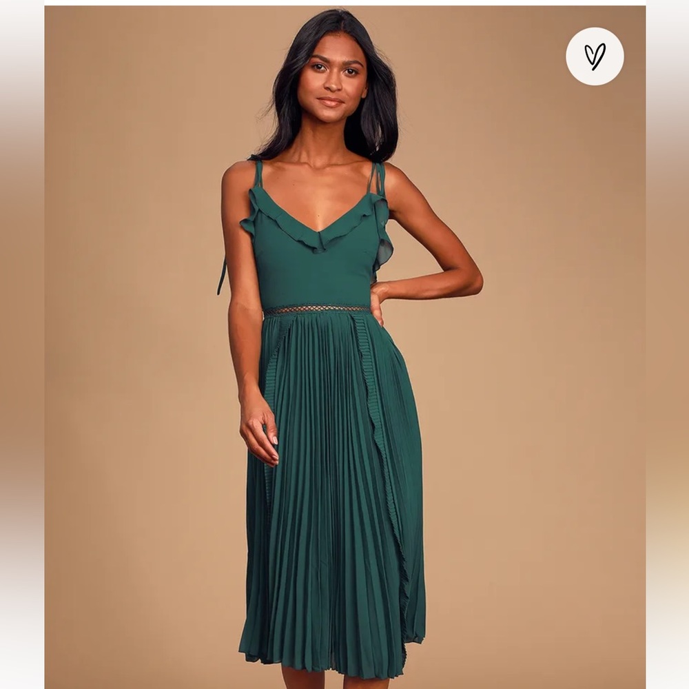 Lulu's Forest Green Midi Dress with Pleated Skirt